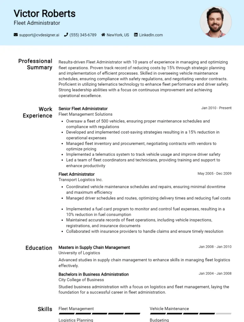 Fleet Administrator CV Example