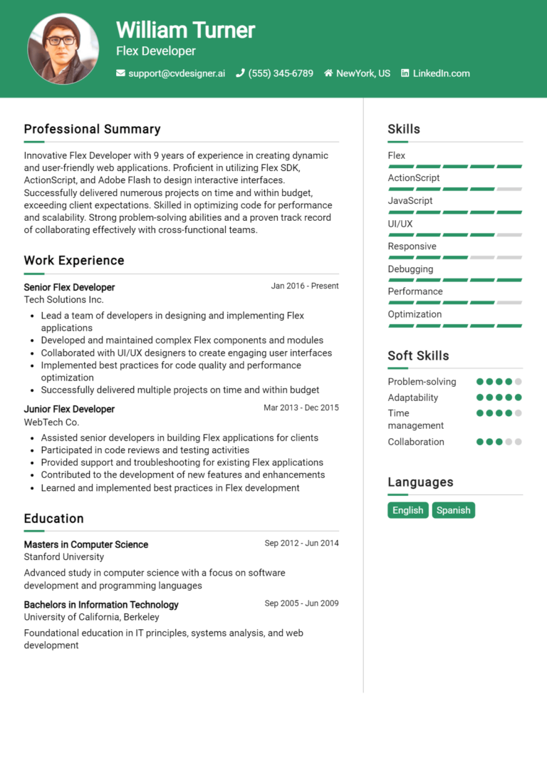 Flex Developer Resume Example for 2025: Free Templates