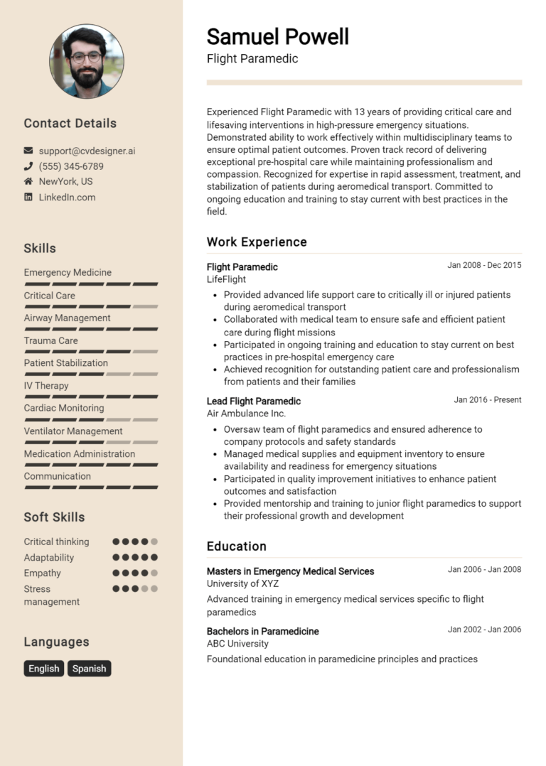 Flight Paramedic Resume Example for 2025: Effective CV Writing Tips
