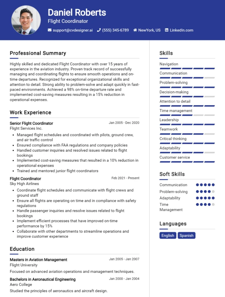 Flight Coordinator CV Example For 2025: Best Tips & Templates