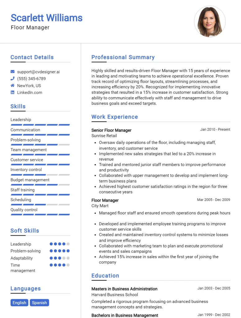 Floor Manager CV Example