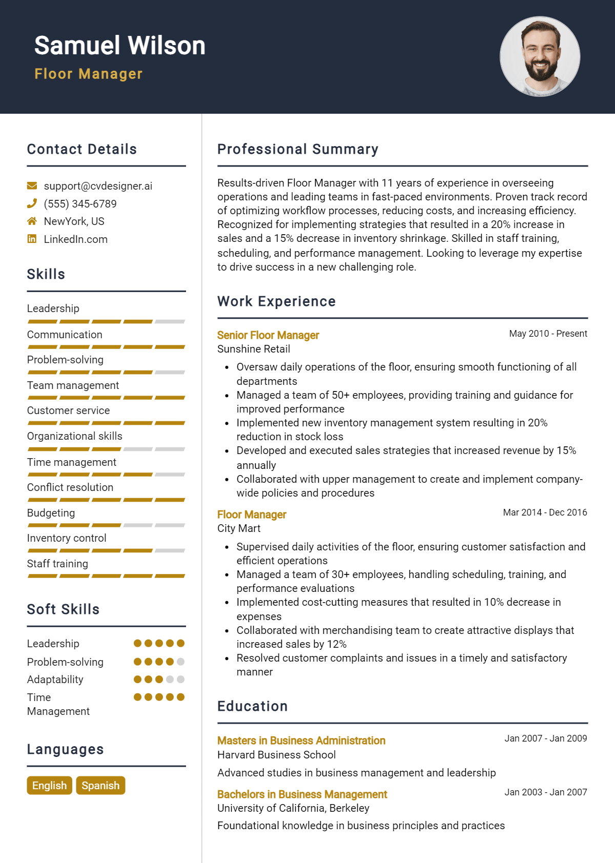 Floor Manager Resume Example