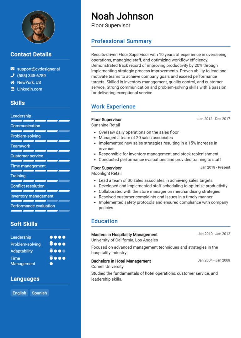 Floor Supervisor Resume Example for 2025: Tips & Templates 1 Floor Supervisor Resume Example for 2025: Tips & Templates