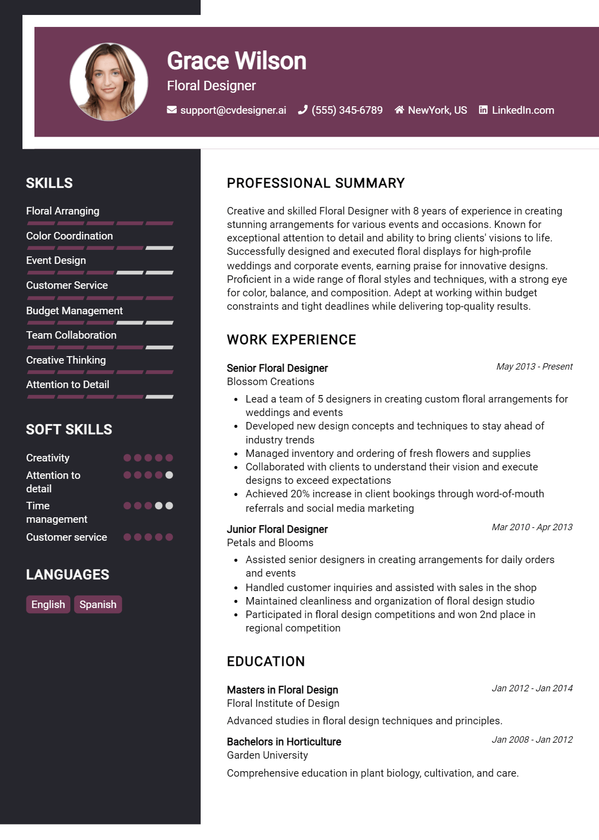 Floral Designer Resume Example