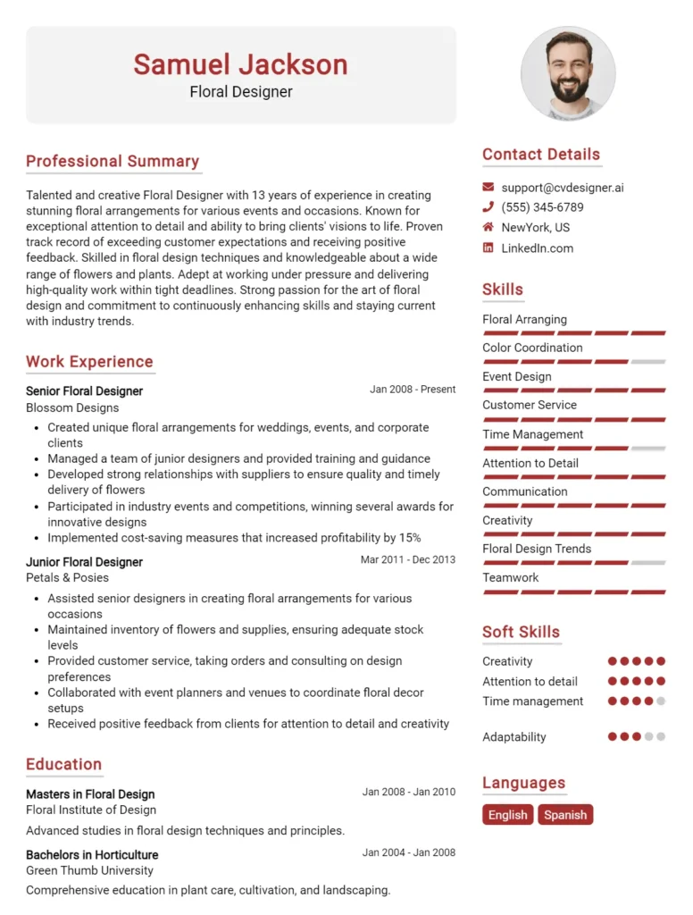 Floral Designer CV Example