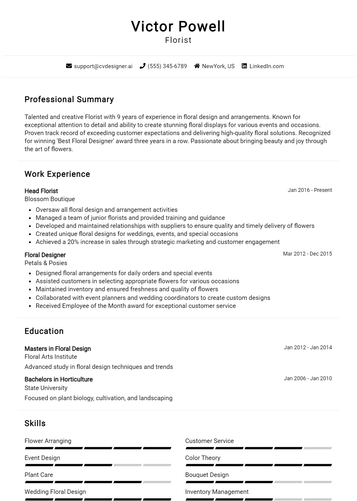 Florist Resume Example