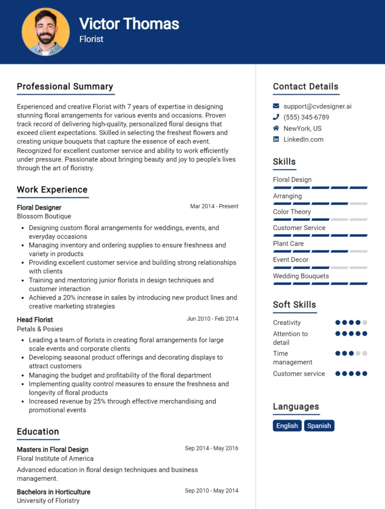 Florist CV Example For 2025: Best Writing Guide