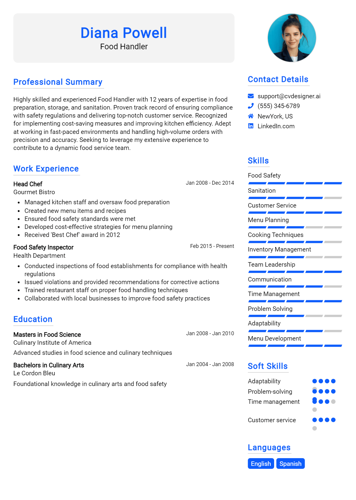 Food Handler Resume Example