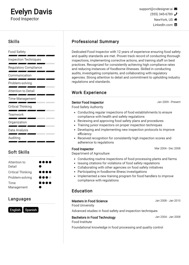 Food Inspector Resume Example for 2025: Strategies & Templates