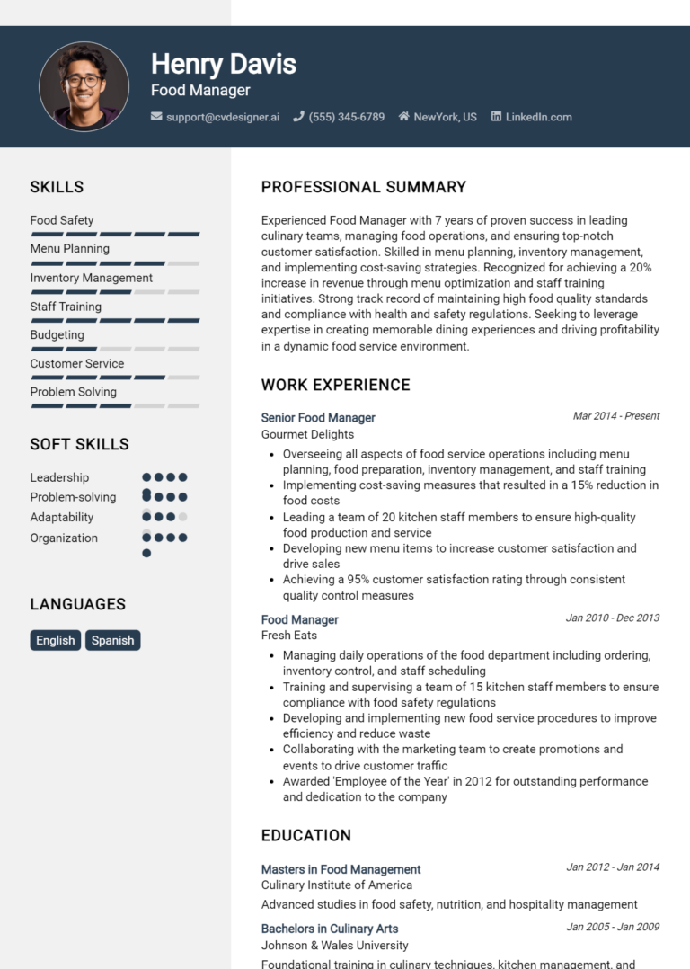 Food Manager Resume Example for 2025: Strategies & Templates