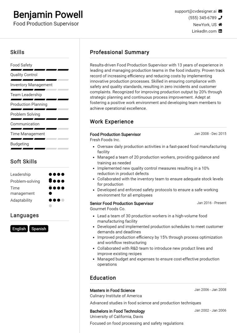 Food Production Supervisor Resume Example for 2025: Top CV Skills