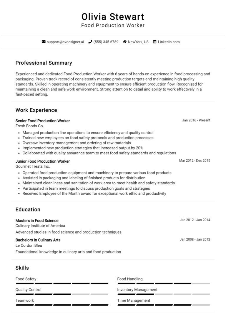 Food Production Worker Resume Example for 2025: Free Downloadable Templates