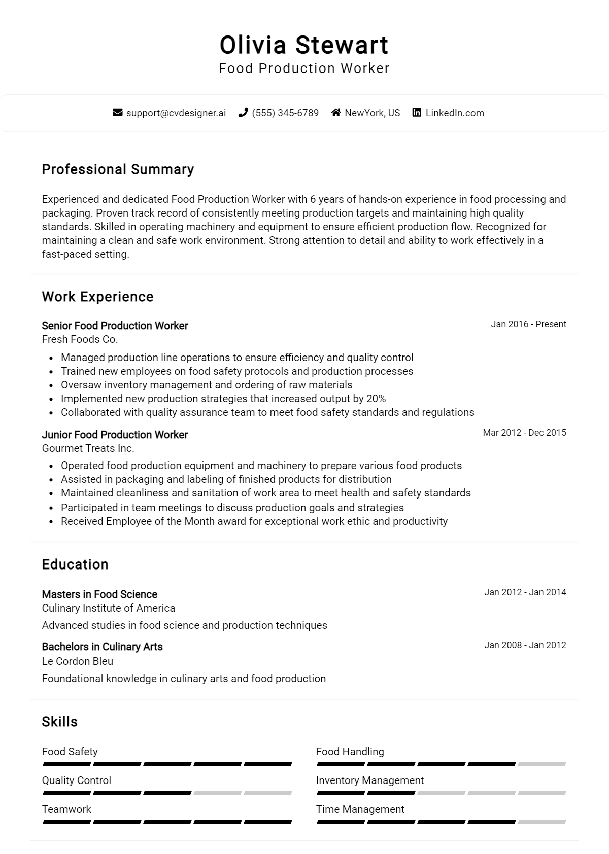 Food Production Worker Resume Example