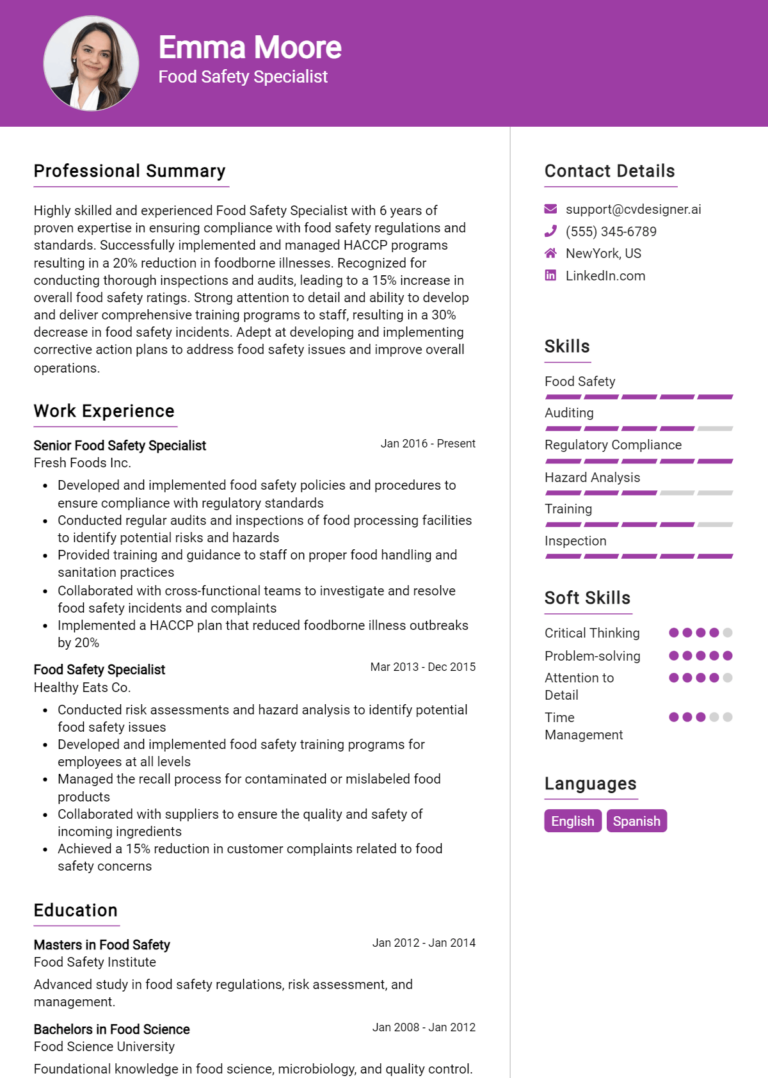 Food Safety Specialist Resume Example for 2025: Expert Tips & Templates