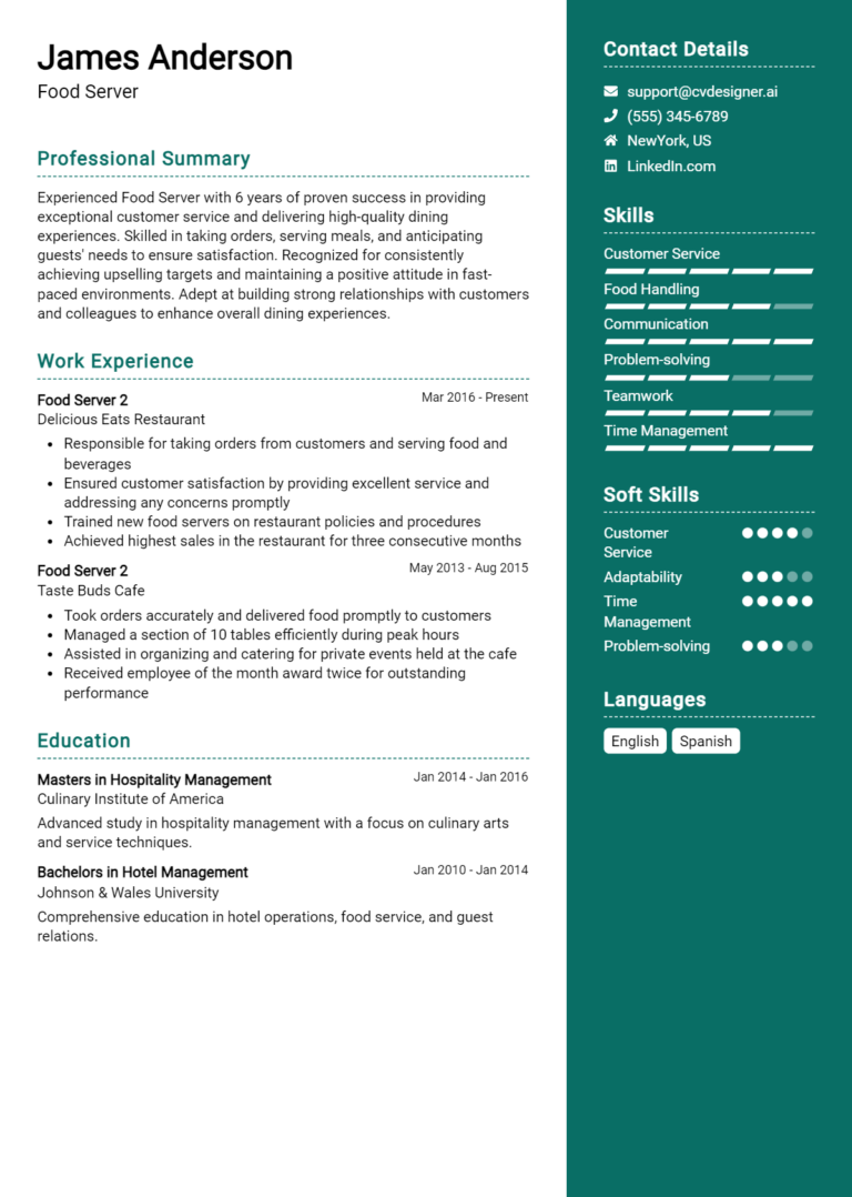 6 Food Server CV Examples And Free Templates for 2025: Best Formatting Tips