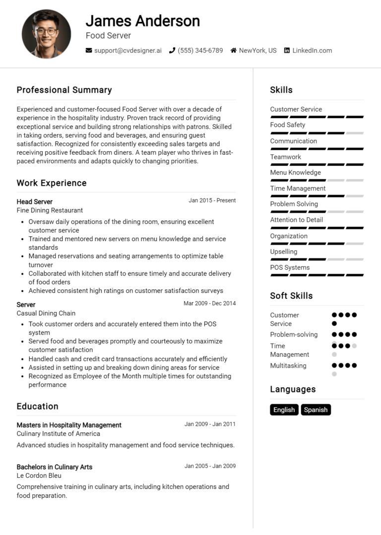 Food Server Resume Example for 2025: Free Downloadable Templates