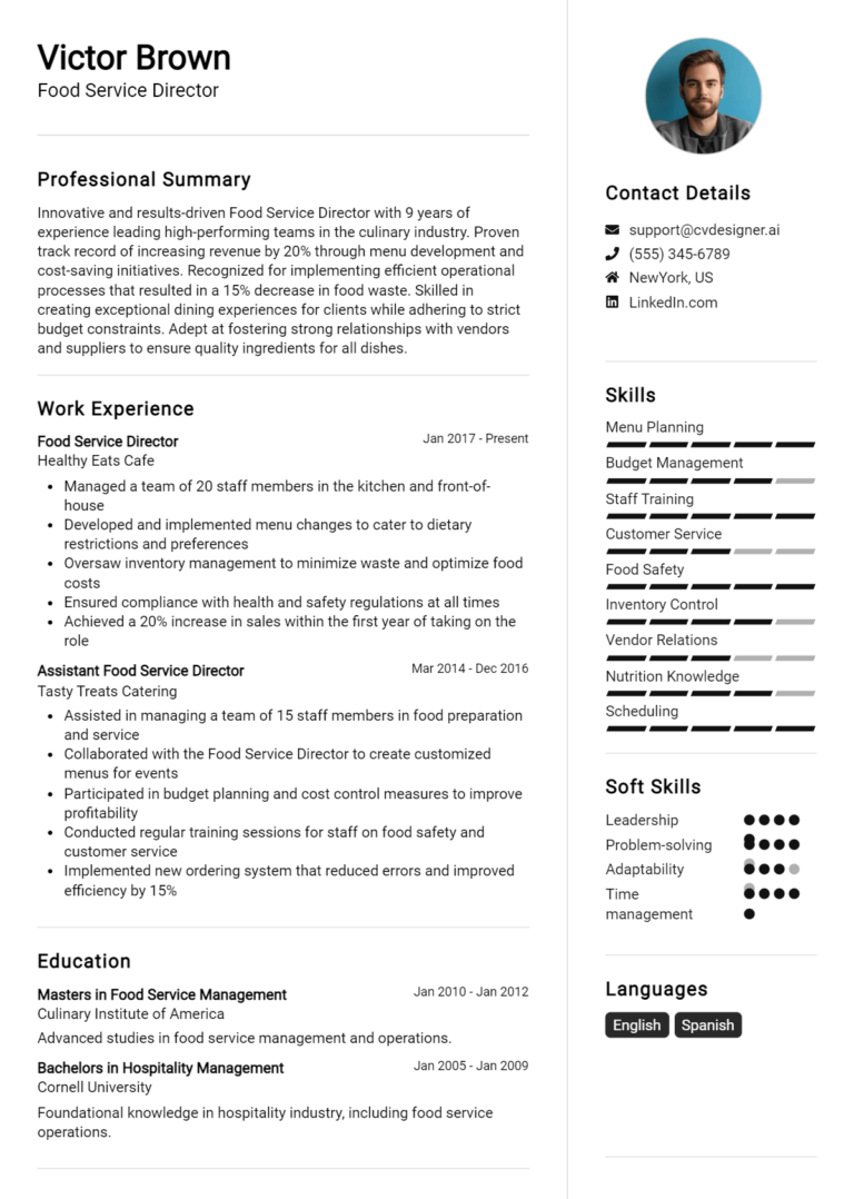 Food Service Director Resume Example for 2025: Tips to Stand Out