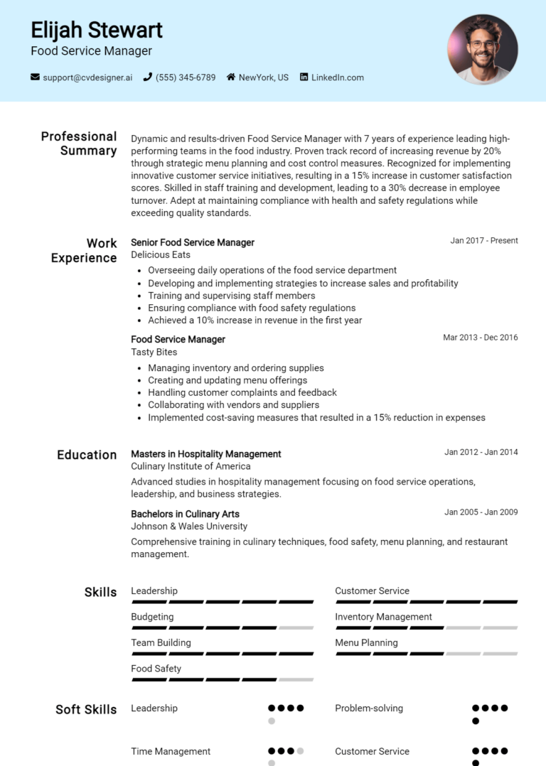 Food Service Manager Resume Example for 2025: Free Downloadable Templates