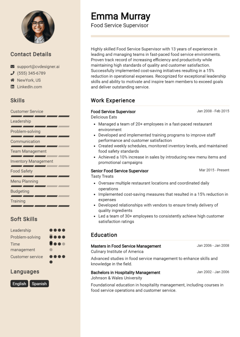 Food Service Supervisor Resume Example for 2025: Examples & Free Templates