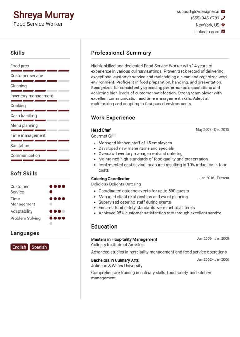 Food Service Worker Resume Example for 2025: Best Tips & Templates