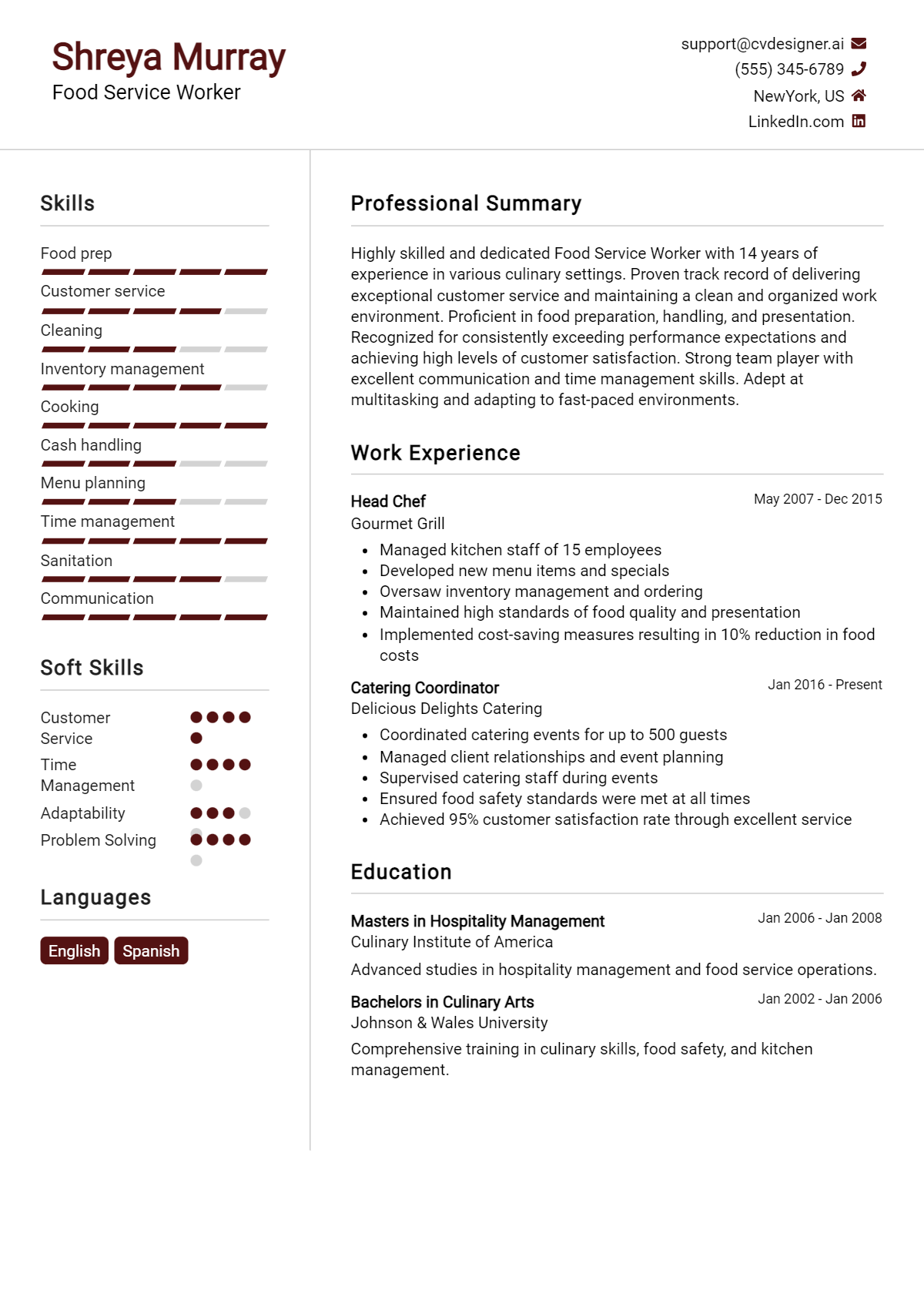 Food Service Worker Resume Example