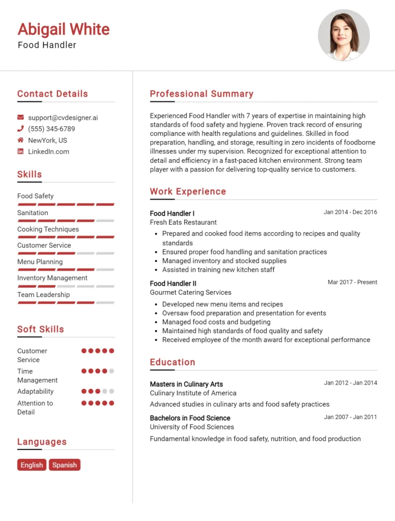 Food Handler CV Example