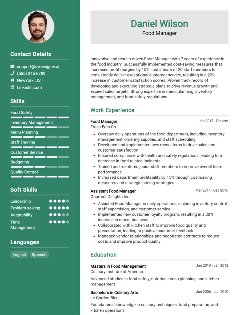 Food Manager CV Example