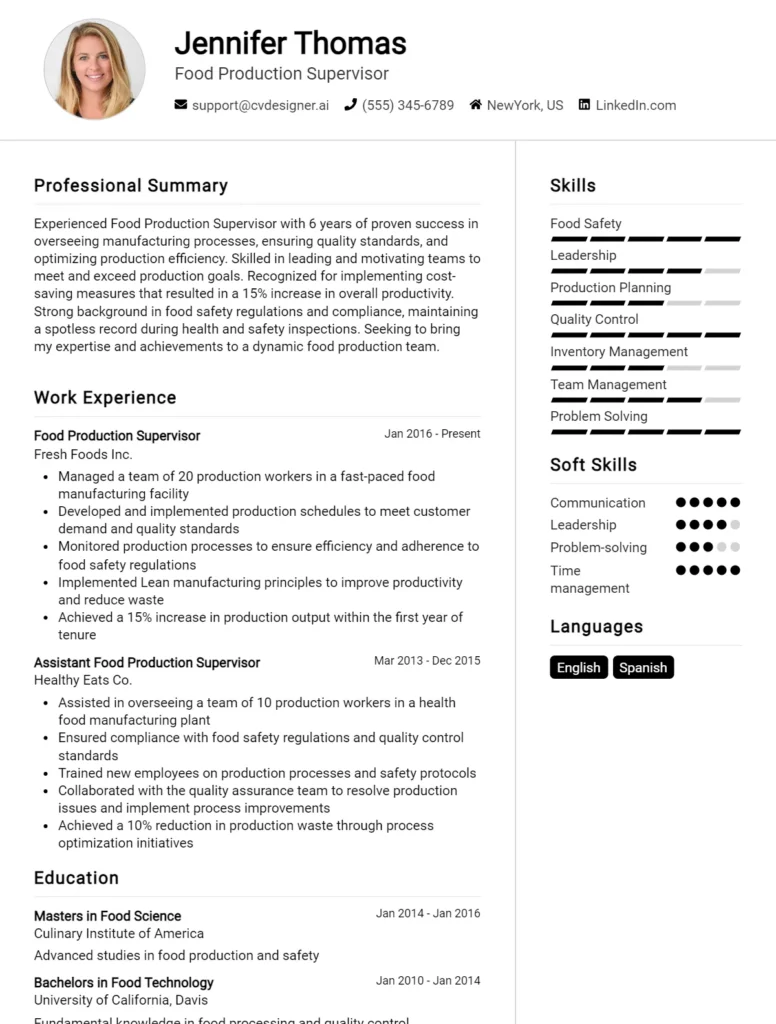 Food Production Supervisor CV Example