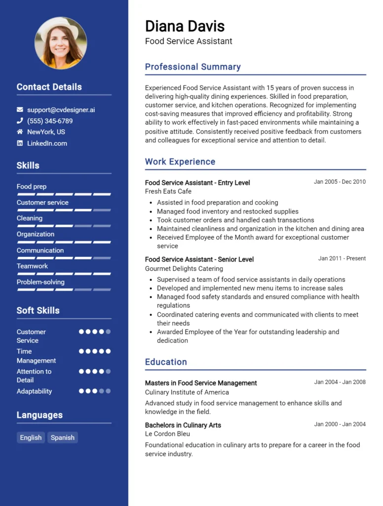 Food Service Assistant CV Example