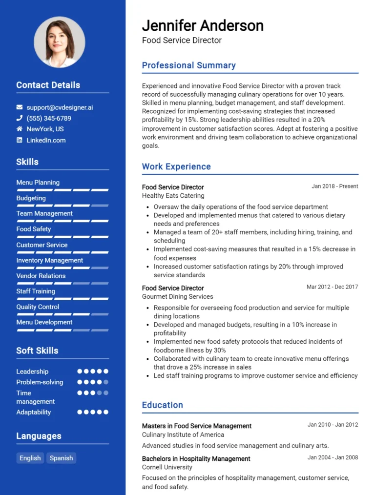 Food Service Director CV Example For 2025: Professional CV Templates