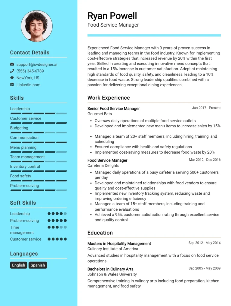 Food Service Manager CV Example For 2025: Free Professional Templates