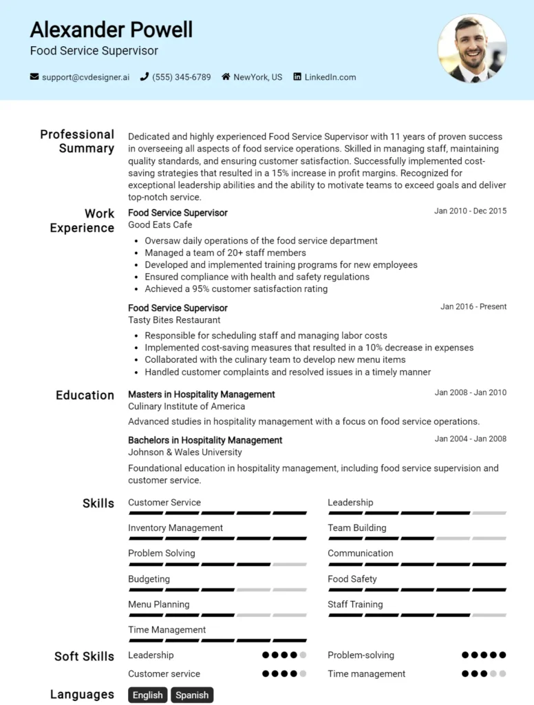 Food Service Supervisor CV Example