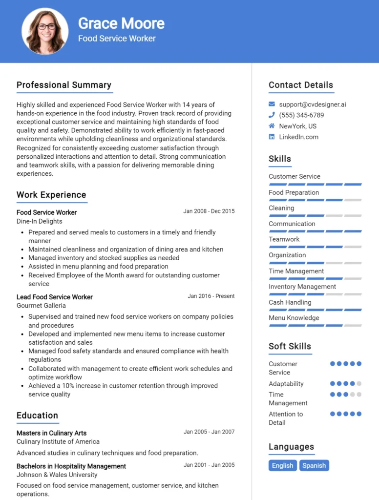 Food Service Worker CV Example