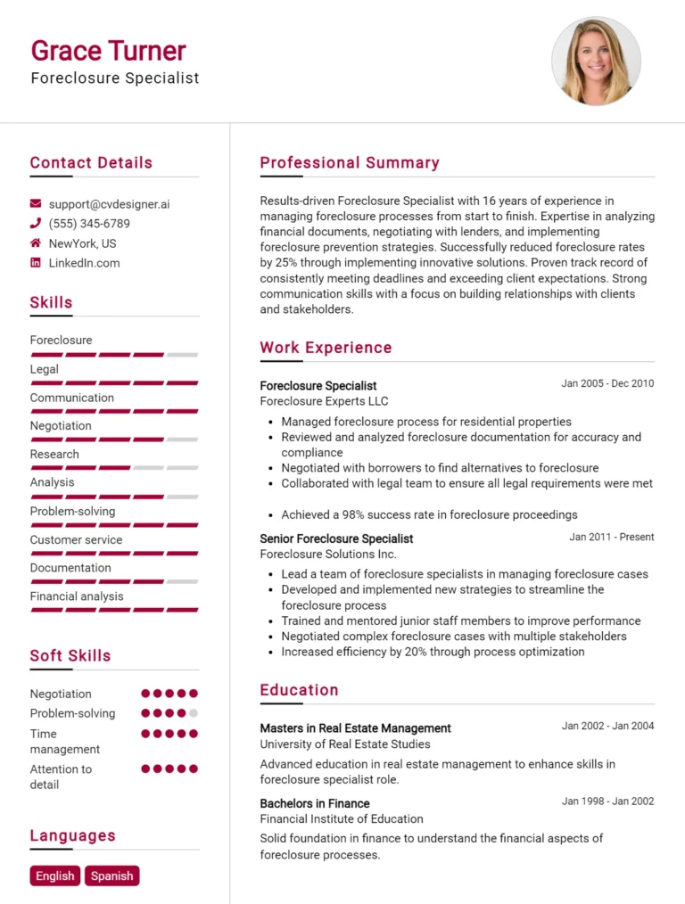 Foreclosure Specialist CV Example For 2025: Top Tips & Samples