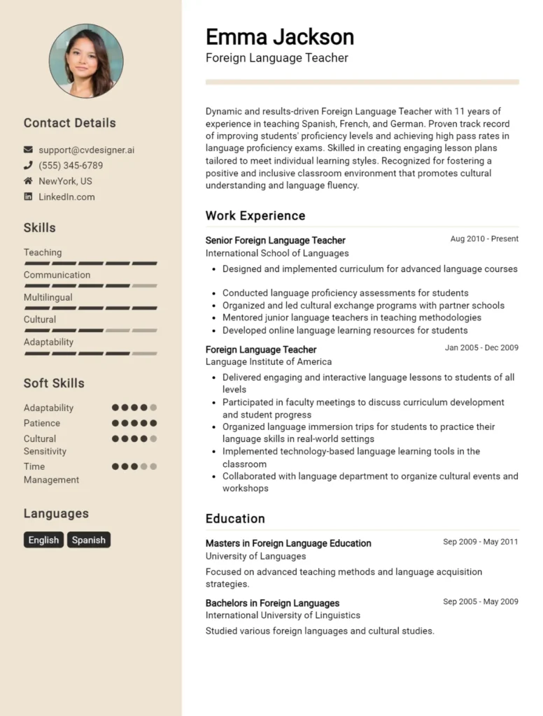 Foreign Language Teacher CV Example