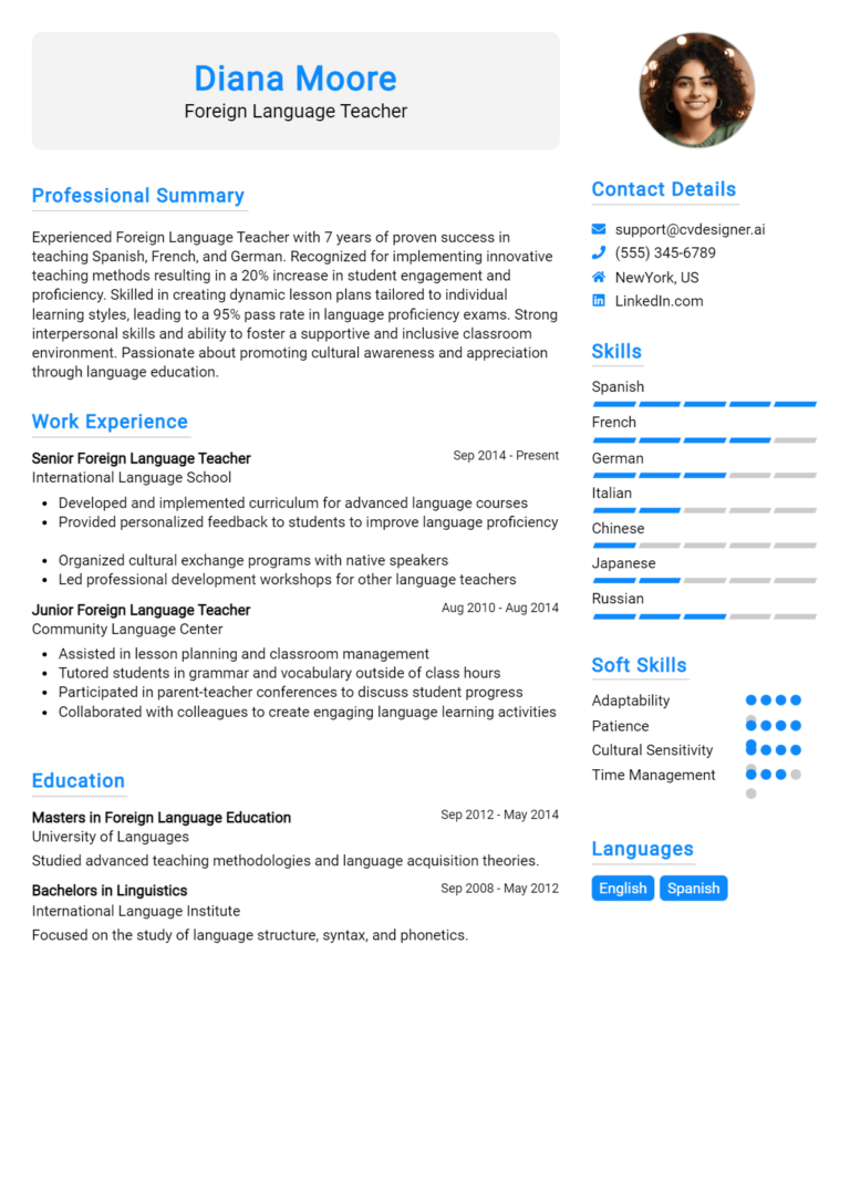 Foreign Language Teacher Resume Example for 2025: How to Create a Professional CV