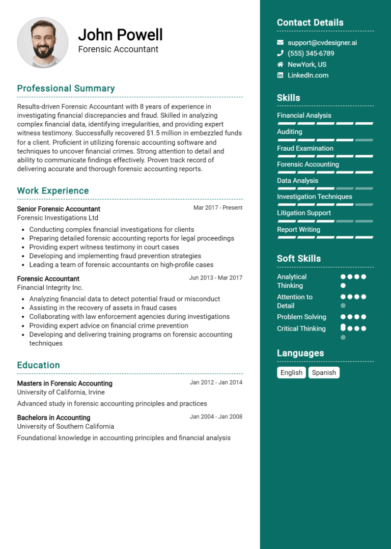 Forensic Accountant Resume Example for 2025: Samples & Best Practices