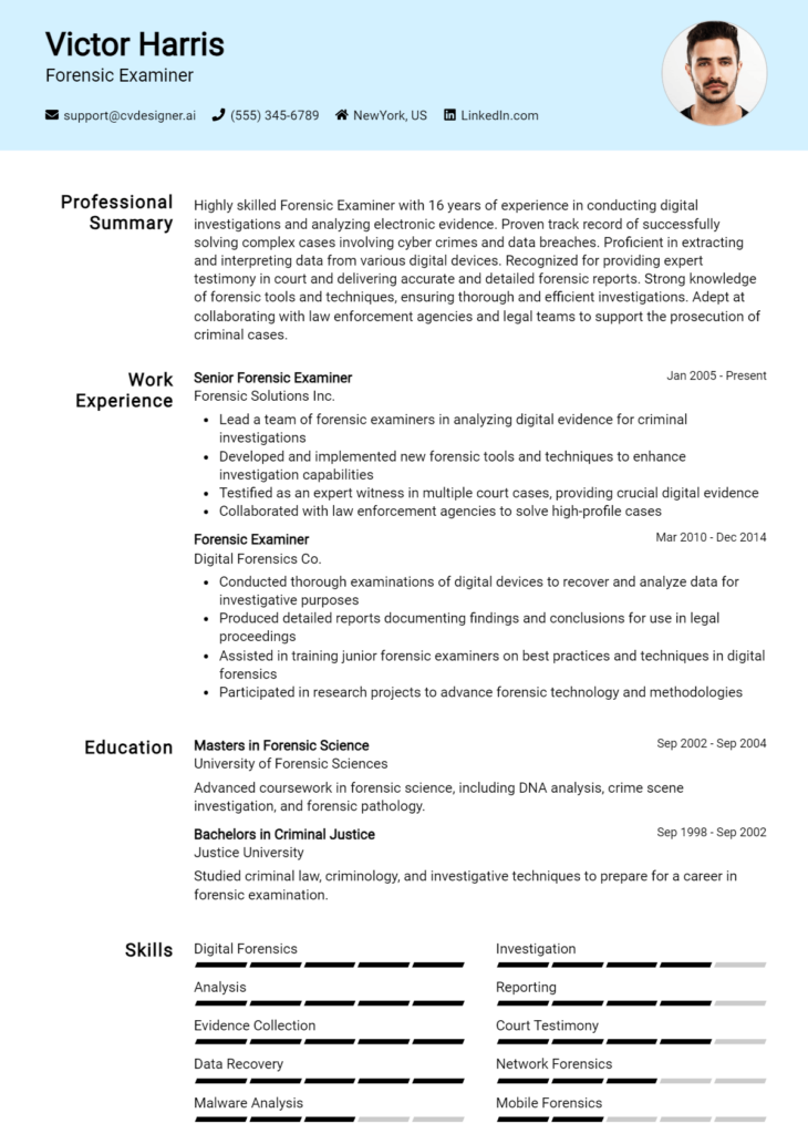 Forensic Examiner Resume Example for 2024: Top CV Skills - CVDesigner.ai