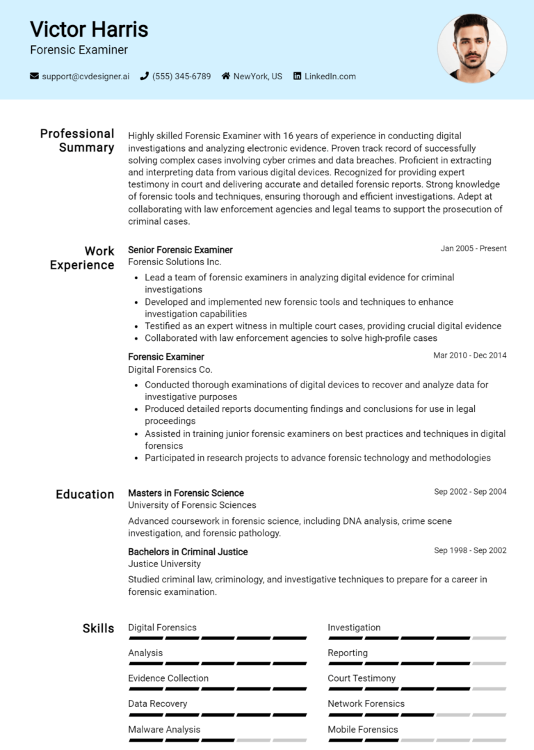 Forensic Examiner Resume Example for 2025: Top CV Skills