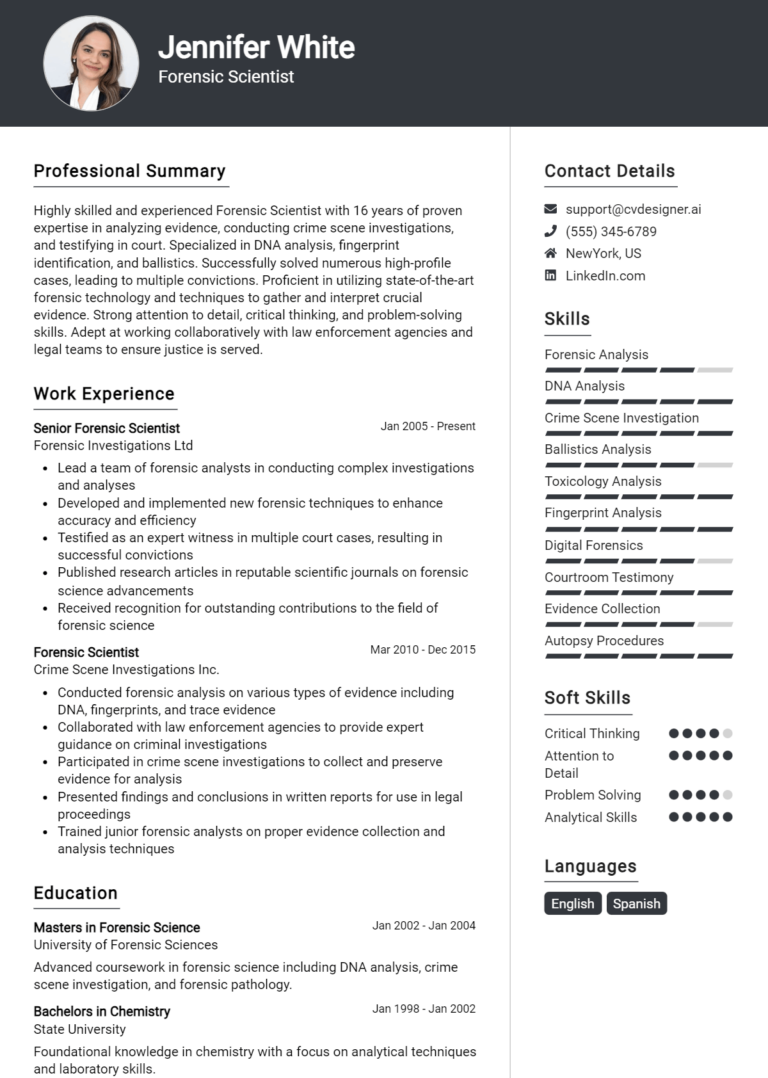 Forensic Scientist Resume Example for 2025: Free Guide