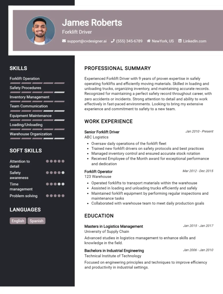 Forklift Driver CV Example