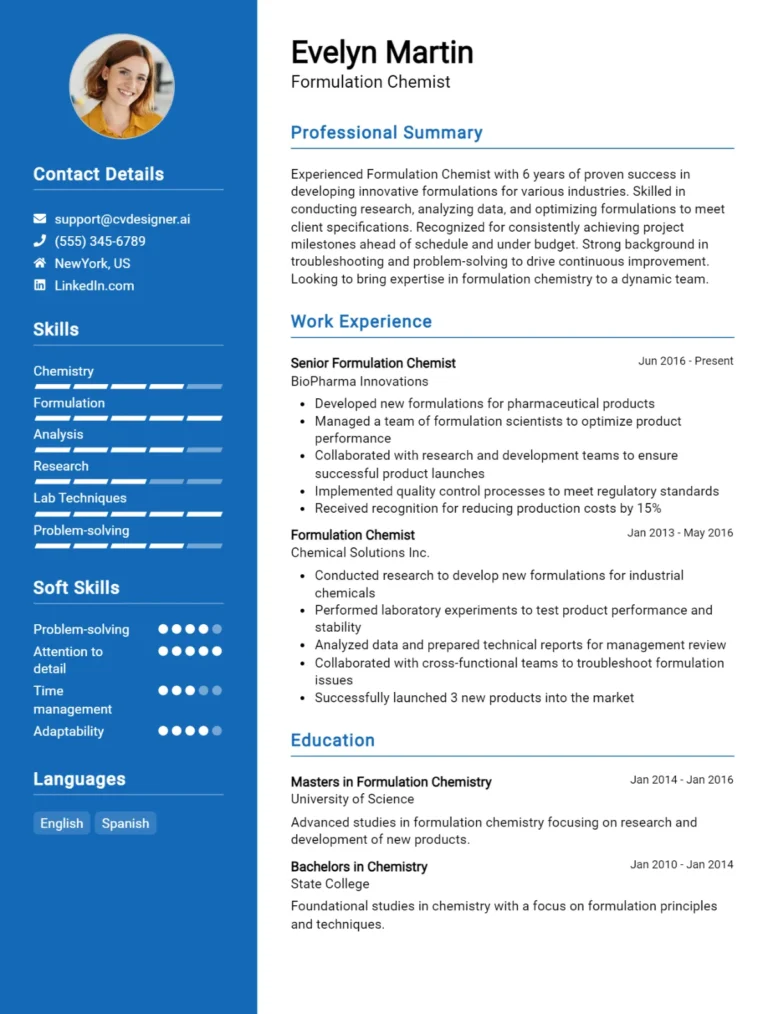 Formulation Chemist CV Example For 2025: Strategies & Templates