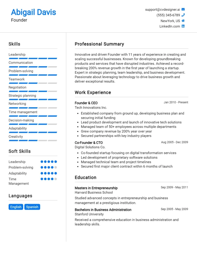 Founder CV Example For 2025: Free Professional Templates
