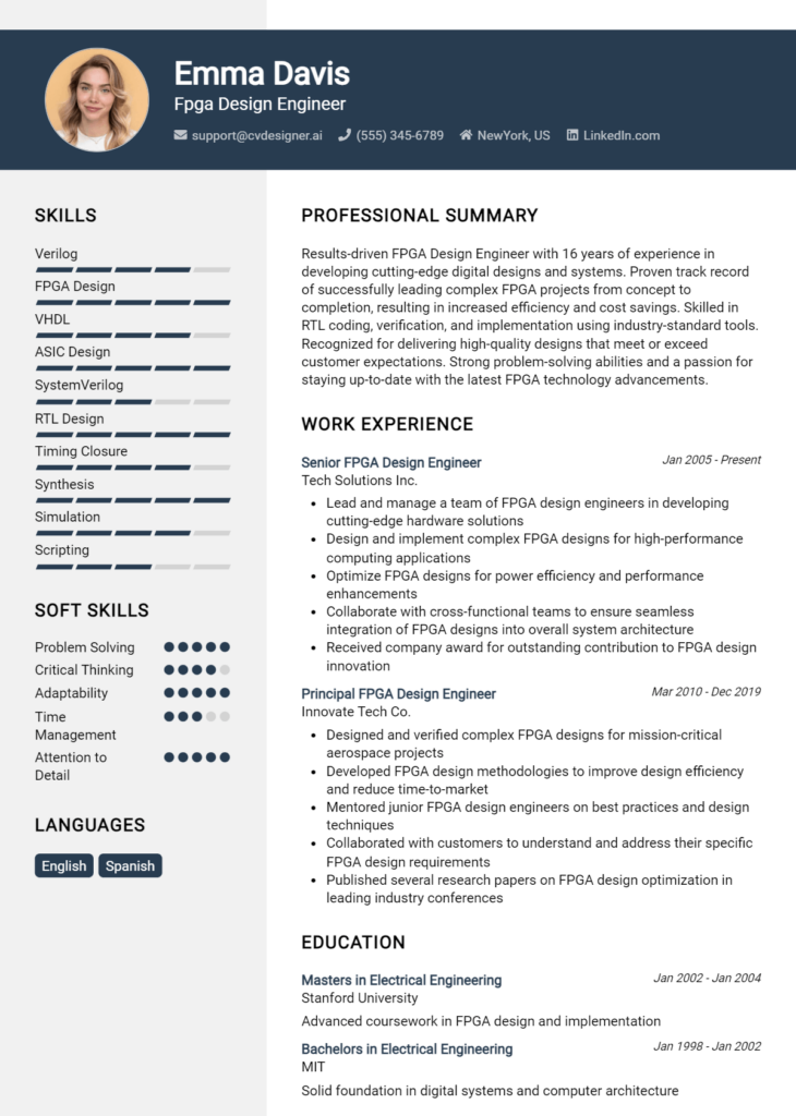 Fpga Design Engineer Resume Example
