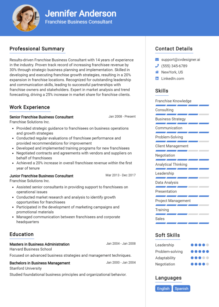 Franchise Business Consultant Resume Example