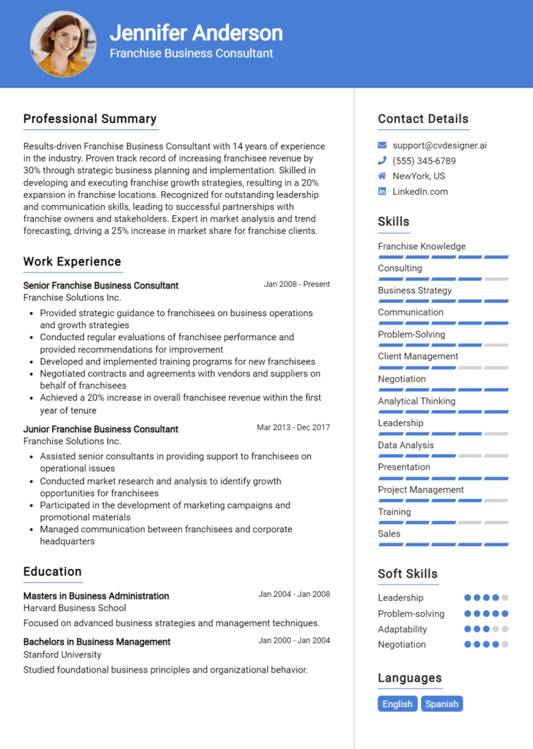 Franchise Business Consultant Resume Example for 2025: Resume Guide