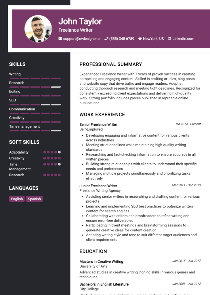 Freelance Writer Resume Example for 2024: Expert Tips - CVDesigner.ai