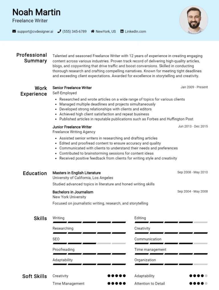 Freelance Writer CV Example For 2025: Best Tips & Templates