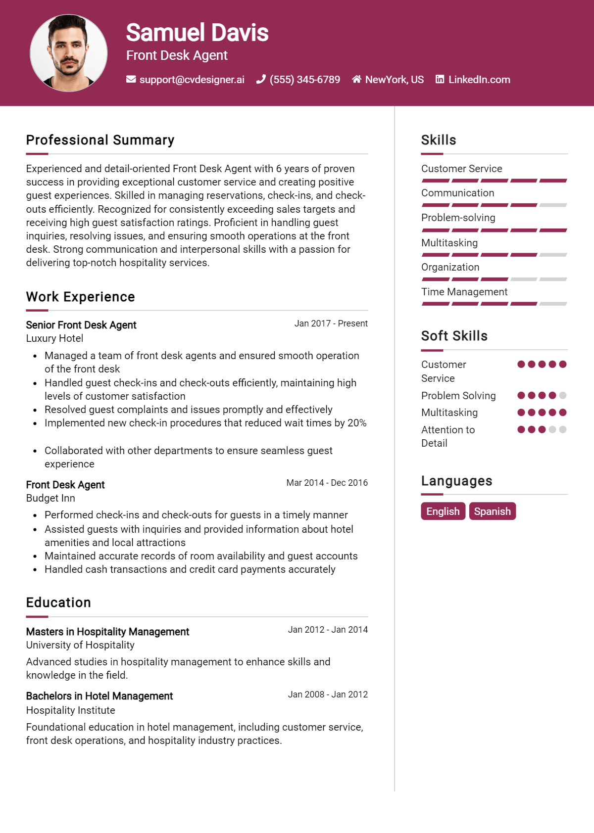 Front Desk Agent Resume Example