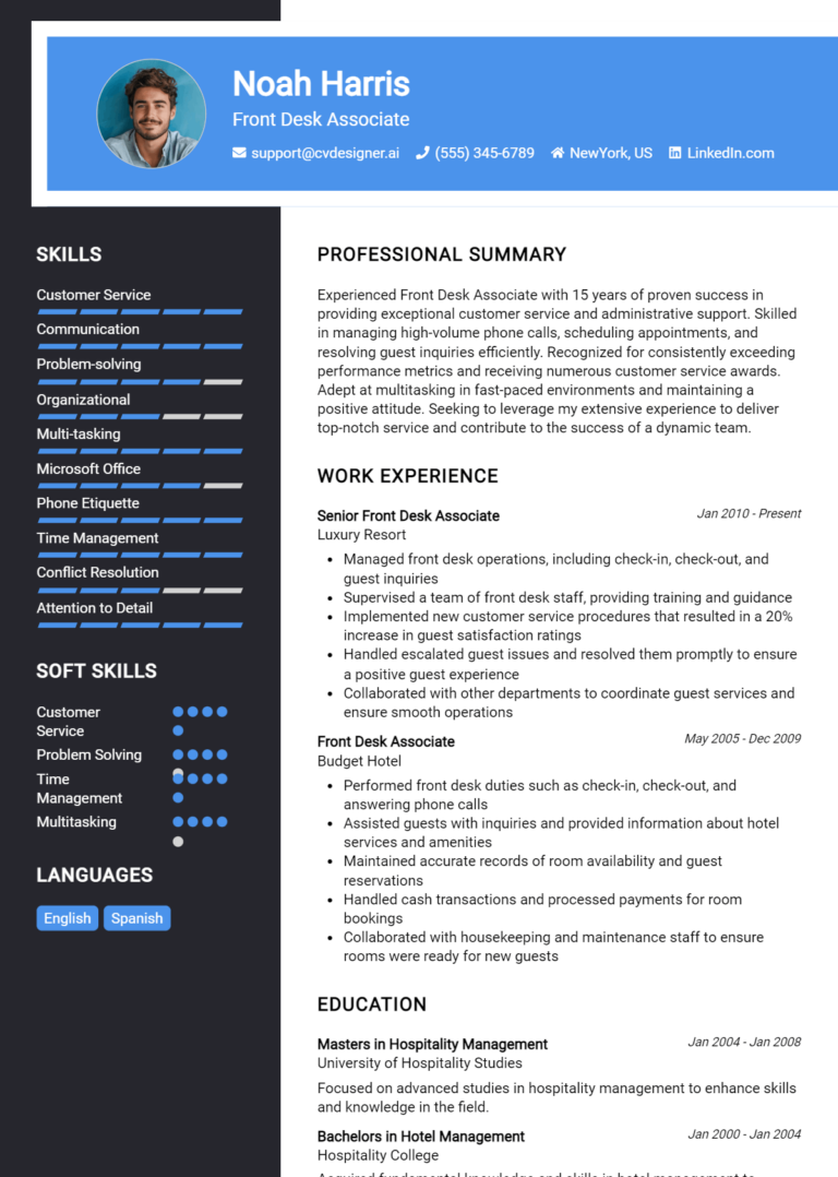 Front Desk Associate Resume Example for 2025: Tips to Stand Out